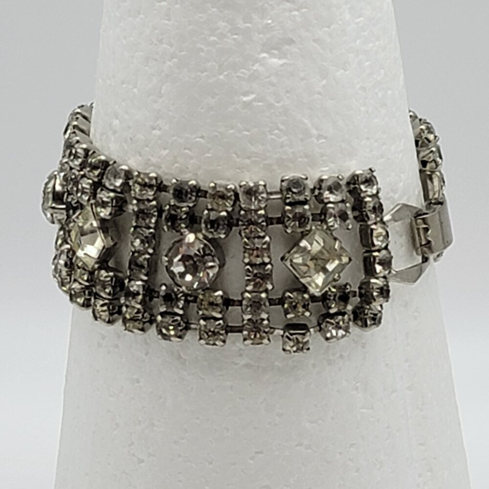 Vintage Crystal Tennis Bracelet Silver-Tone Fold Clasp Wide Statement 7 Inch - Picture 2 of 14